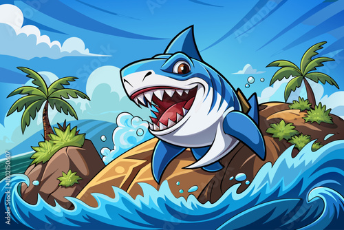 Powerful great white shark bursts upward from rough ocean waves, teeth visible as water collapses around its body