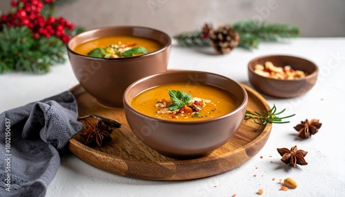 Delicious pumpkin soup served in stylish brown bowls with fresh herbs and nuts