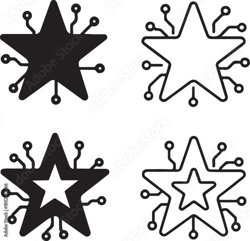 Isolated Star Circuit Icons black vector set, star favorite icons, rating tech symbols, minimal outline filled thin stroke, digital circuit connections, smart chip design vector