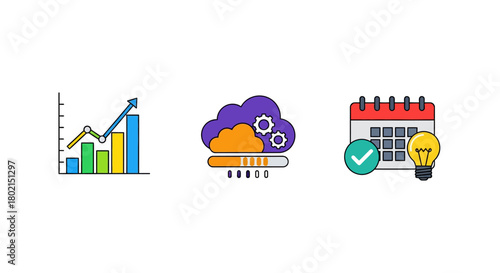 Data analysis with graph, cloud computing, and planning icons