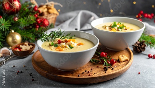Warm bowls of creamy soup with festive garnishes on a wooden tray during the holiday season