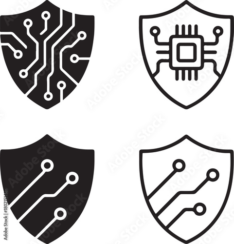 Isolated Shield Circuit Icons black vector set, security shield icons, protect tech symbols, minimal outline filled thin stroke, digital circuit connections, smart chip design vector