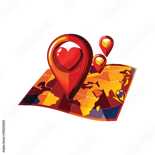 World map with location pin and heart concept for love travel, honeymoon trip, dating app, romantic destination, or finding love
