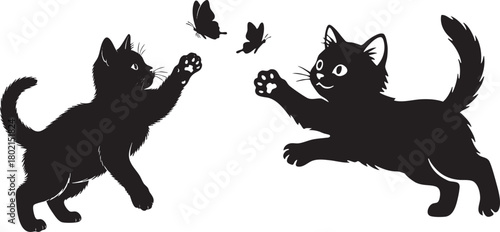 Two black kittens playfully interacting with butterflies, charming silhouette isolated on white background, Vector