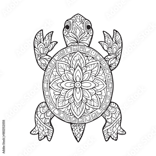 Intricate Turtle Mandala Illustration A Detailed Black and White Coloring Page Design Featuring Ornamental Floral Patterns, Ideal for Relaxing Artistic Activities