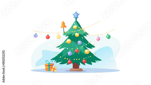 A beautifully decorated Christmas tree glowing with lights and magical floating ornaments around it.