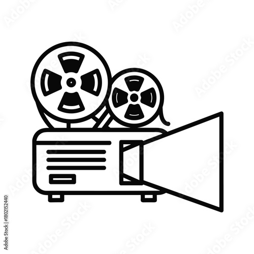 Vintage film projector icon with reels and light beam, classic cinema movie projection equipment symbol for entertainment media