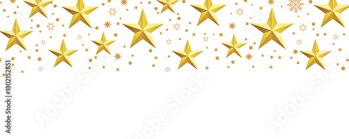 Festive golden star border background with scattered sparkling stars, dots and confetti on white, perfect for Christmas, New Year, party invitations, luxury celebration banners and elegant holiday des