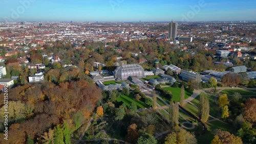 Berlin Botanical Garden greenhouses in fall. Stunning aerial view flight drone
