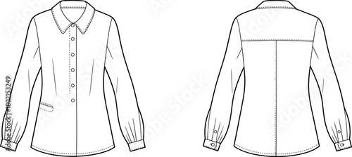 Long-sleeved blouse technical sketch, front and back view, pointed collar, button placket, welt pocket, fashion flat, garment construction, vector illustration