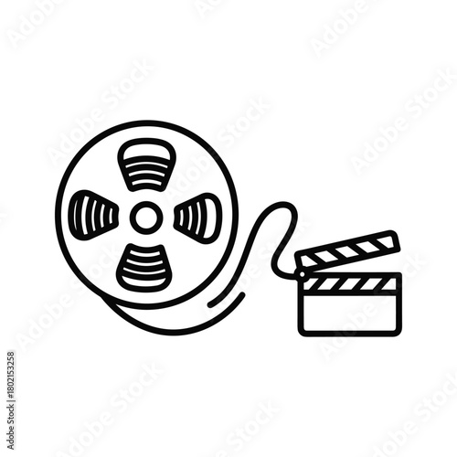 Film reel and clapperboard line art icon representing cinema, video production, movie industry, and entertainment projects.