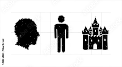Minimalist icon set: human profile, figure, and castle silhouettes