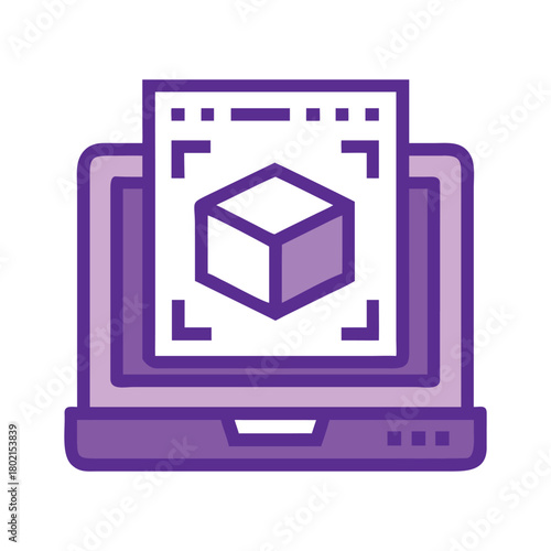 3d modeling software on laptop icon of computer with cube and paper for creating digital models and virtual prototypes