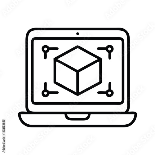 Laptop displaying a 3d cube model, showcasing design software, virtual reality, and computeraided design