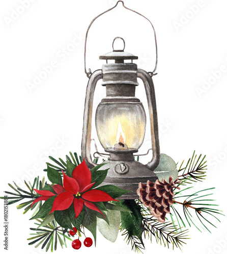 Watercolor Christmas Lantern Arrangement Hand Painted
