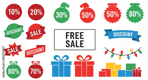Festive Sale and Discount Stickers with Gifts and Decorations.