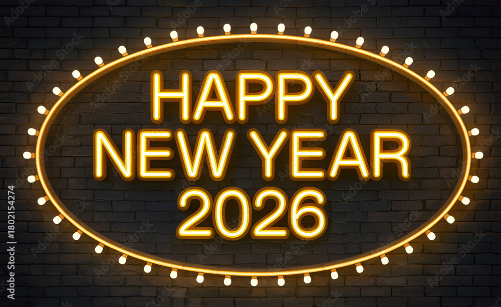 Obraz premium Celebrate New Year 2026 with a Neon Sign yellow background