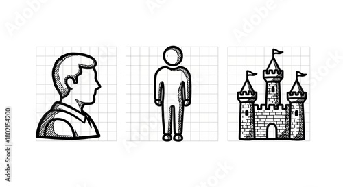 Hand-drawn sketches of human profile, figure, and castle on grid background