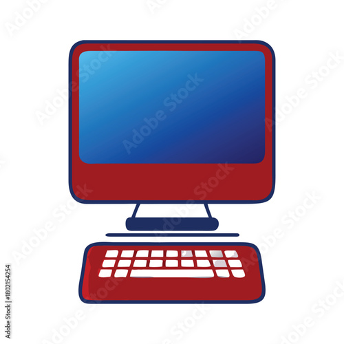 Retro computer with red case and blue screen vintage desktop pc with keyboard old technology for work, education and entertainment