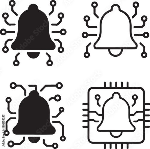 Isolated Bell Circuit Icons black vector set, alert notification icons, ringing tech symbols, minimal outline filled thin stroke, digital circuit connections, smart chip design vector