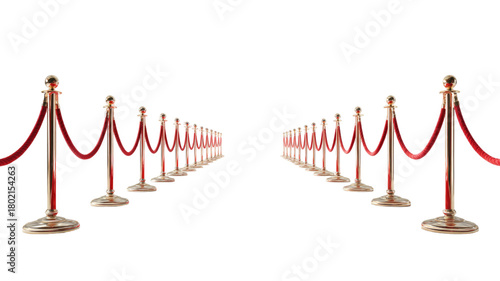  Red carpet with stanchion barriers event entrance VIP setup isolated on white background