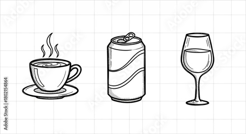 Hand-drawn beverage collection: coffee, soda, and wine glass sketch