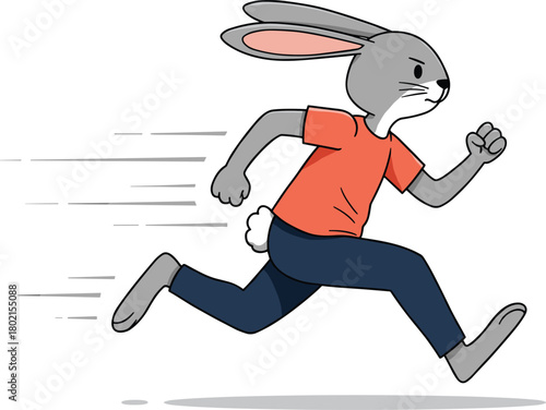 Running rabbit cartoon, fast animal character, speedy vector mascot, red T‑shirt design, determined bunny artwork, children’s motion adventure illustration drawing