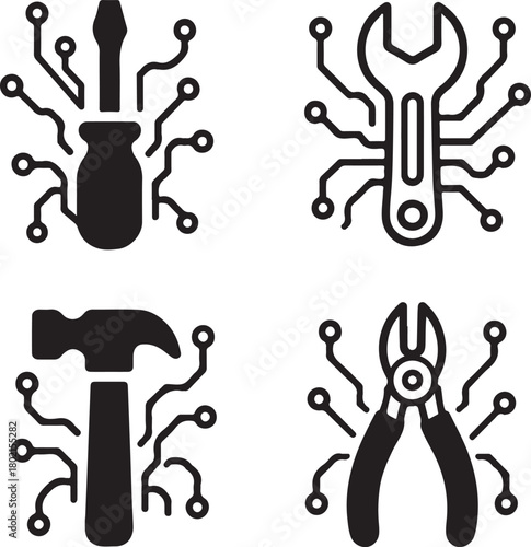 Isolated Tools Circuit Icons black vector set, tech tools icons, repair maintenance symbols, minimal outline filled thin stroke, digital circuit connections, smart chip design vector