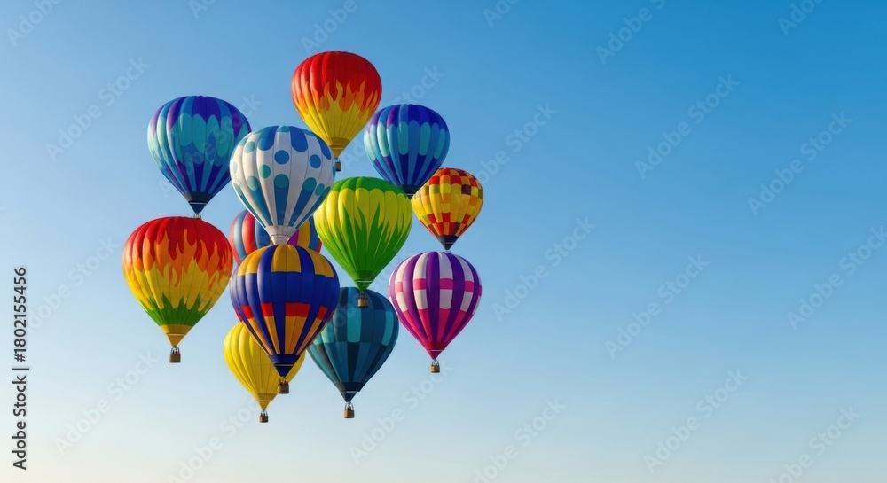 Fototapeta premium Vibrant Hot Air Balloons Ascending Against Clear Blue Sky, Travel, Adventure, Clear sky