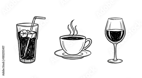 Collection of hand-drawn beverage icons: coffee, wine, and soda
