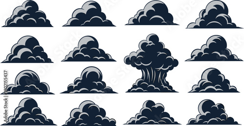 Smoke cloud illustration, cartoon explosion artwork, atmospheric vector design, dramatic mushroom cloud drawing, dynamic shading artwork, weather effect cartoon collection