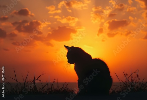 Black Cat Silhouette Against a Vibrant Orange Sunset Sky