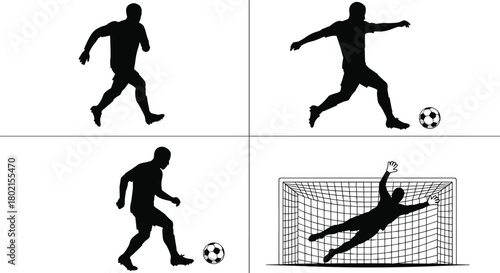 Soccer penalty kick silhouette sequence, football player running, striking ball, goalkeeper diving save attempt, sports action vector illustration, dynamic flat design