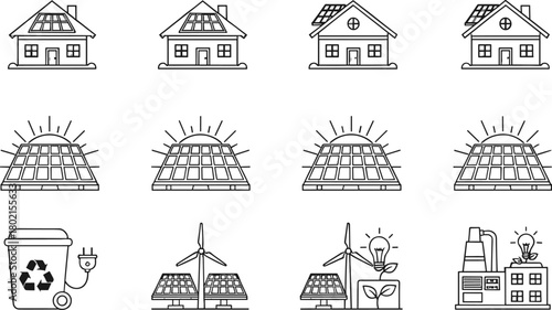 Solar energy icon set, eco friendly renewable power illustration, sustainable technology vector drawing, green energy design for environment projects