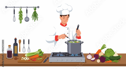 Chef preparing a healthy vegetable meal on a gas stove in a kitchen with fresh ingredients, demonstrating culinary skills and home cooking.