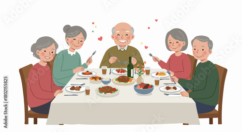 Happy senior group enjoying a delicious meal together at a festive dinner table, sharing moments of joy, family, and friendship.