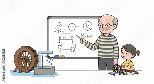 Elderly teacher explaining science concepts to a young girl using a whiteboard, water wheel model, and a mechanical toy.