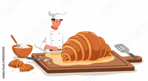 Skilled chef preparing a magnificent giant croissant on a cutting board, surrounded by smaller pastries and cream, illustrating artisan baking and culinary expertise.