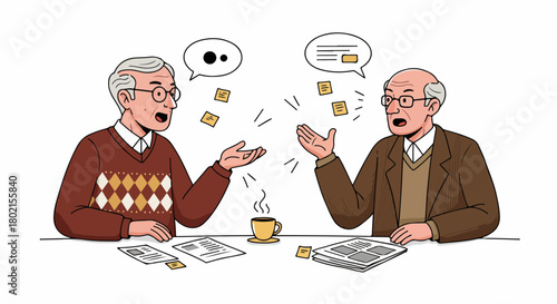 Elderly gentlemen engaged in a lively discussion, exchanging ideas and information over documents and coffee, illustrating communication and collaboration.