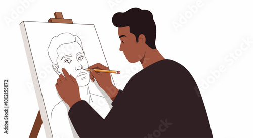 Artist drawing a portrait on an easel with a pencil, showcasing creativity and artistic expression. Illustration of a person engaged in fine art.