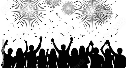 Silhouettes of a cheering crowd celebrating with fireworks and falling confetti against a white background.