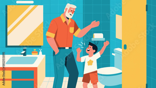 Illustration Of A Father And Son Standing In The Bathroom Vector Design Template