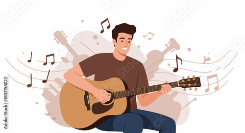 Happy young man playing an acoustic guitar, surrounded by musical notes and abstract elements, illustrating a love for music in a flat illustration style.