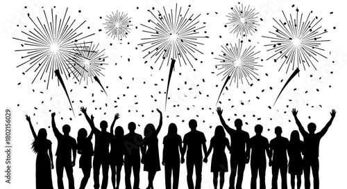 Silhouettes of a diverse crowd celebrating with arms raised under a display of fireworks and falling confetti.