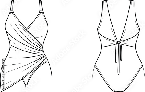 Modern one piece swimsuit fashion flat sketch, women’s swimwear design front and back view illustration, stylish bodysuit outline drawing for apparel design template