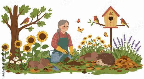 Senior woman gardening in a vibrant garden with sunflowers, birds, butterflies, and a hedgehog, enjoying nature and a peaceful outdoor hobby.