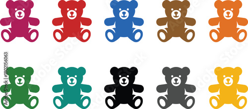 Colorful teddy bear icons in various poses logo, Cute toy bear graphics in many colors