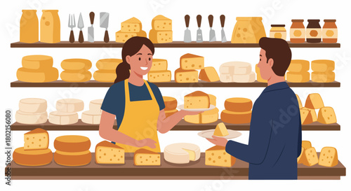 Smiling vendor assists customer with cheese selection at a well-stocked deli, showcasing a wide array of gourmet dairy products and a pleasant shopping experience.