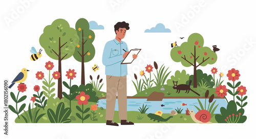 Ecologist studying a vibrant ecosystem with diverse wildlife and plants by a pond. Environmental research and biodiversity conservation illustration.