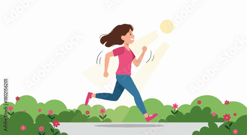 Cheerful cartoon woman enjoying a sunny run in the park, surrounded by vibrant nature and flowers.